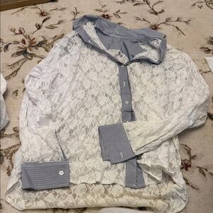 White Lace Blouse with Striped Accents Hand Over Size Large